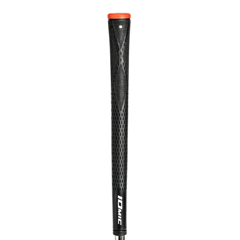 TPE material golf club grip shown in various colours including pink, red, and two-tone black with blue head.