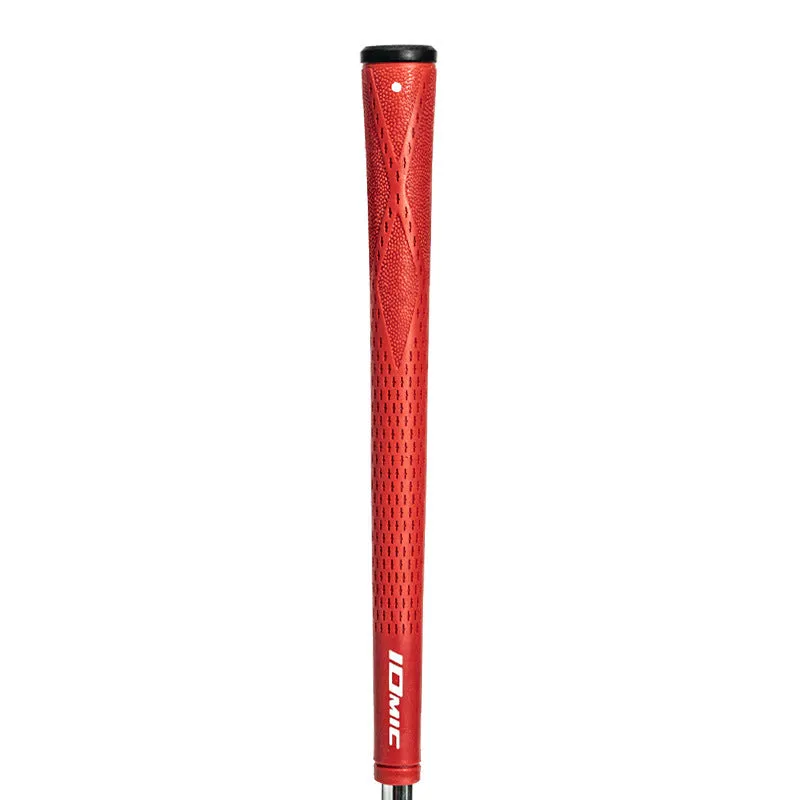 TPE material golf club grip shown in various colours including pink, red, and two-tone black with blue head.