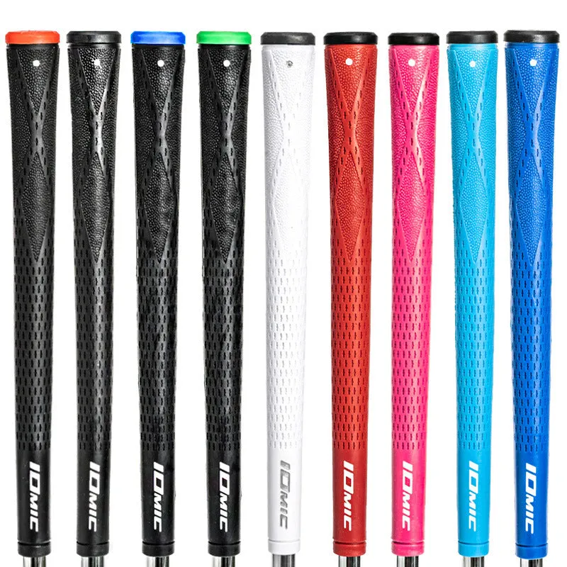TPE material golf club grip shown in various colours including pink, red, and two-tone black with blue head.