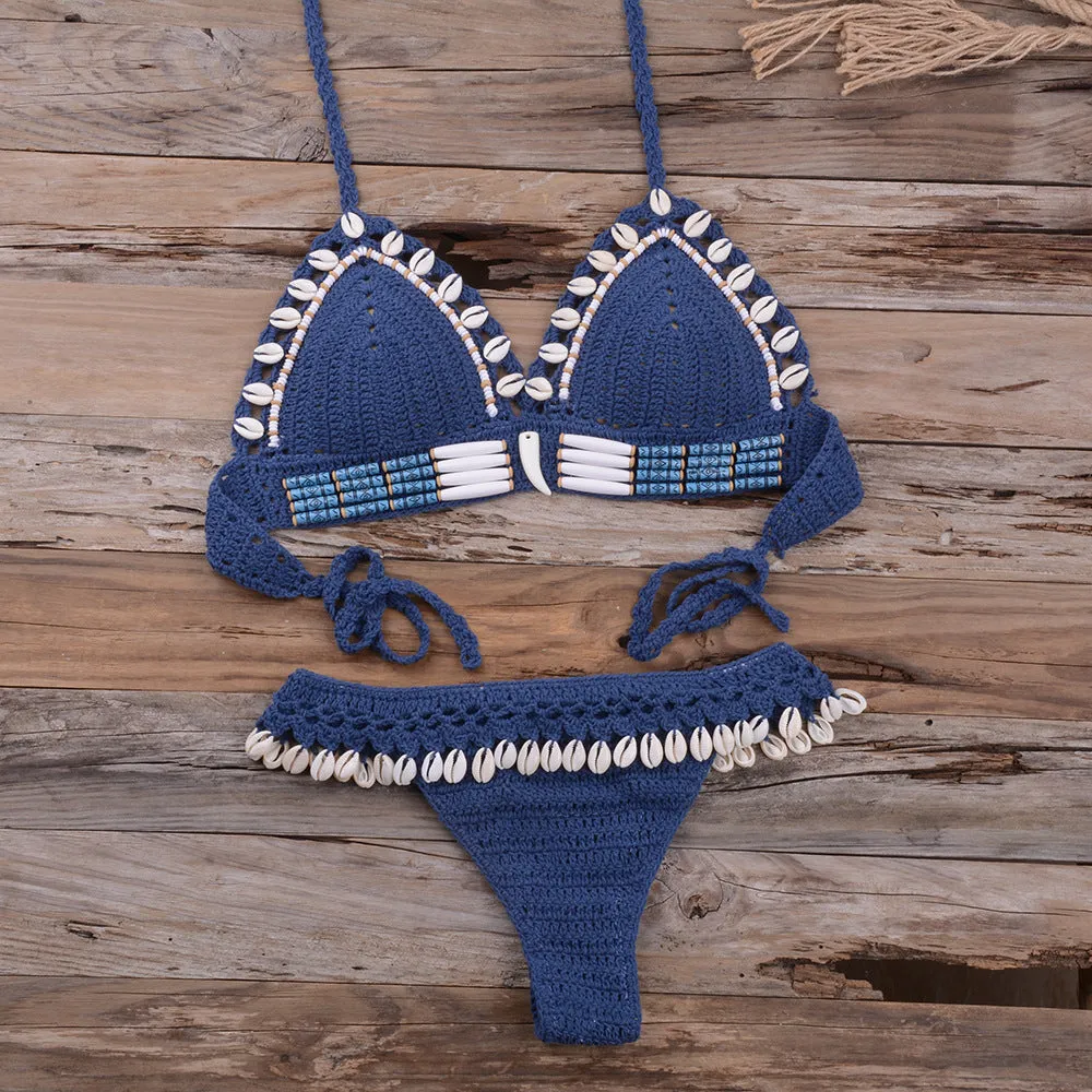 Women's beach vacation split swimsuit in blue with acrylic fabric and cotton lining