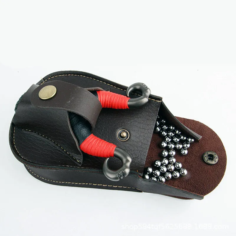 Leather slingshot belt bag with steel balls and marbles, black colour, outdoor use