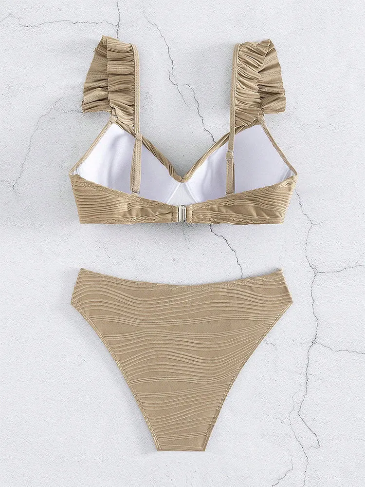 Solid colour women's bikini swimsuit set in black or khaki, made from polyester fabric.