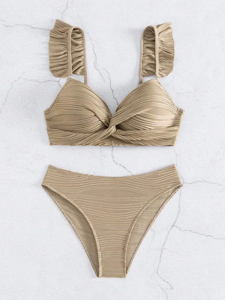 Solid colour women's bikini swimsuit set in black or khaki, made from polyester fabric.