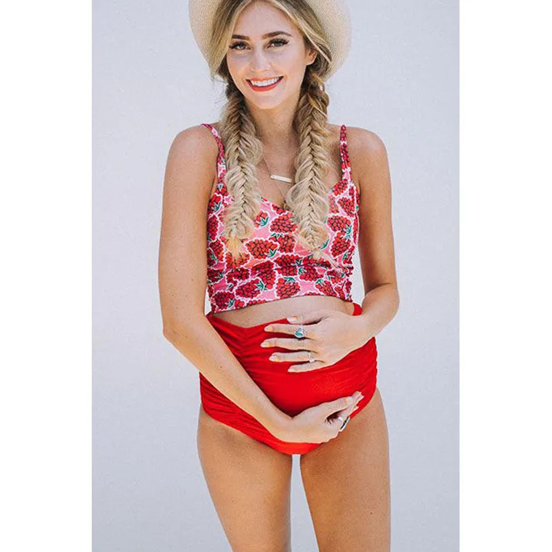 High waist maternity swimsuit with swim trunks in Red for pregnant women