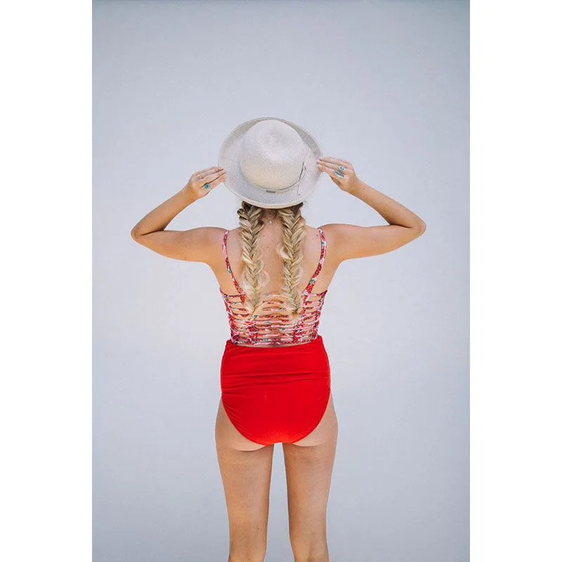 High waist maternity swimsuit with swim trunks in Red for pregnant women