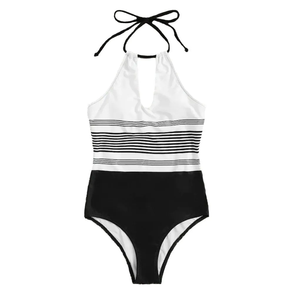 Black striped one-piece swimsuit for women made from nylon fabric, front view