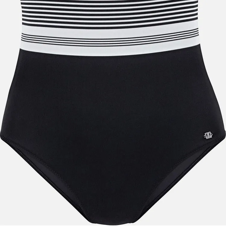 Black striped one-piece swimsuit for women made from nylon fabric, front view