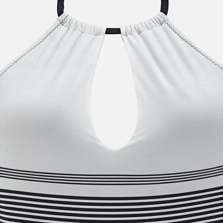 Black striped one-piece swimsuit for women made from nylon fabric, front view