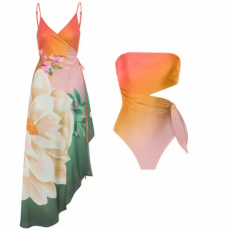 Women's French-style retro printed one-piece swimsuit in quick-drying polyester fabric