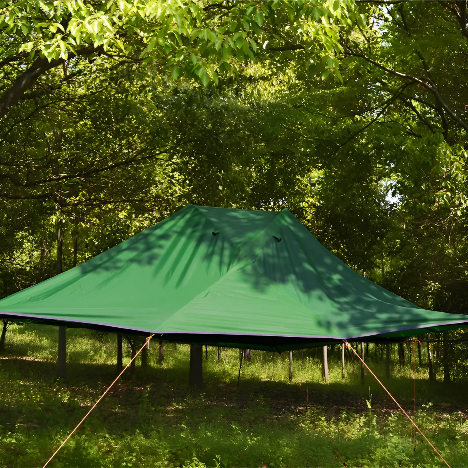 Self-driving tour camping hammock tent with aluminium pole and mosquito net suspended between trees in a forest setting