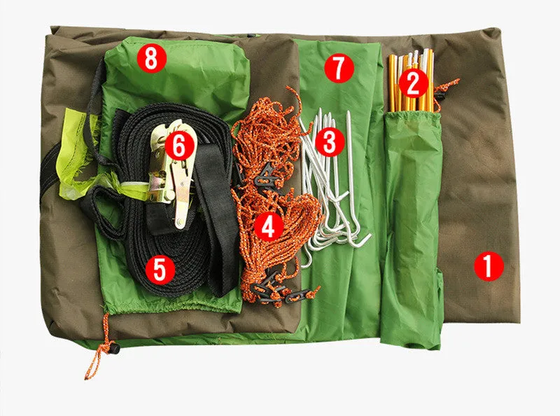 Self-driving tour camping hammock tent with aluminium pole and mosquito net suspended between trees in a forest setting