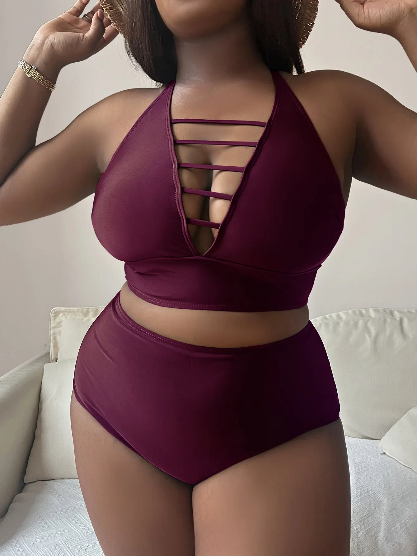 Plus size women's halter bikini set with adjustable cross straps and high waist briefs