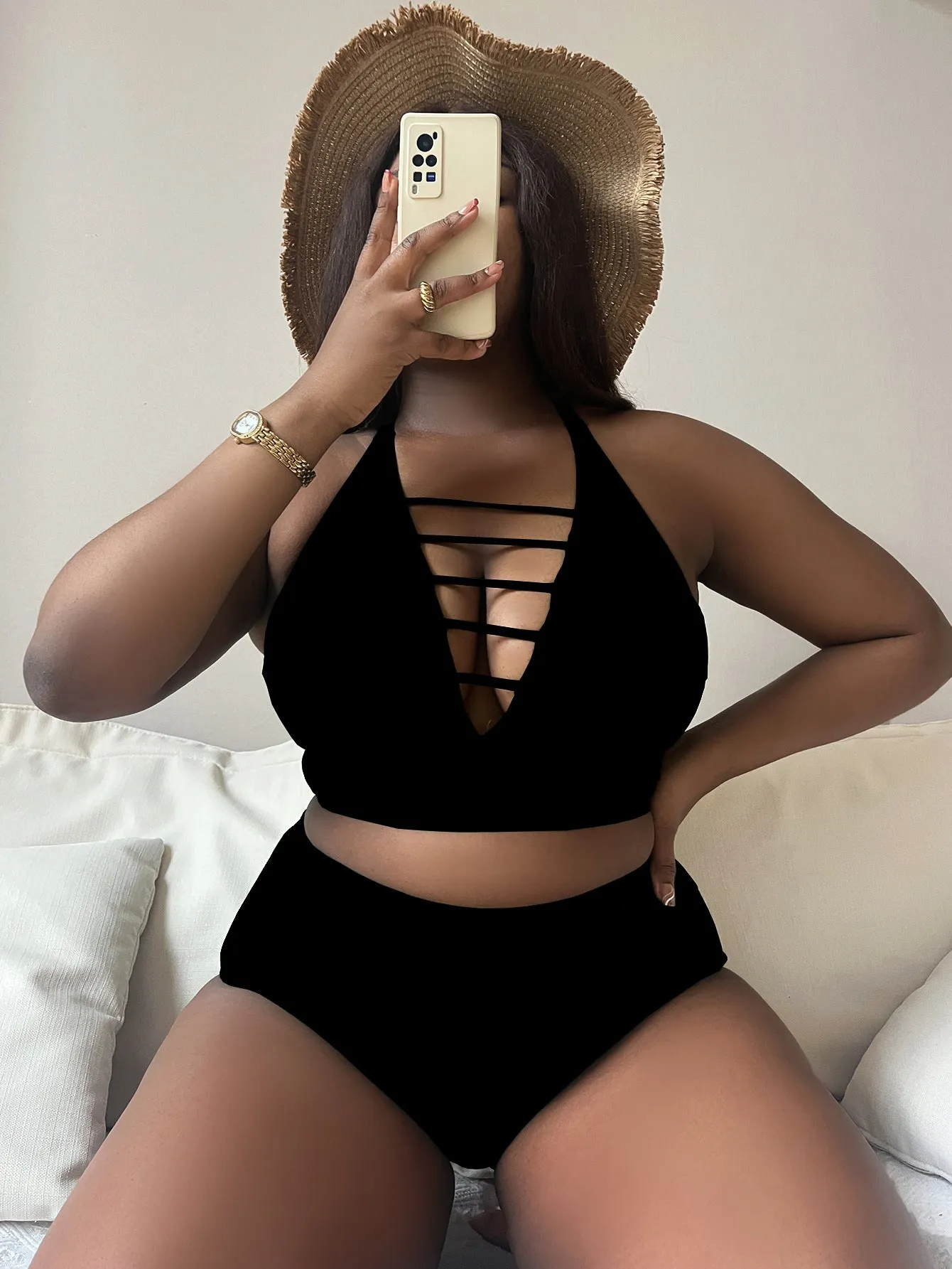 Plus size women's halter bikini set with adjustable cross straps and high waist briefs
