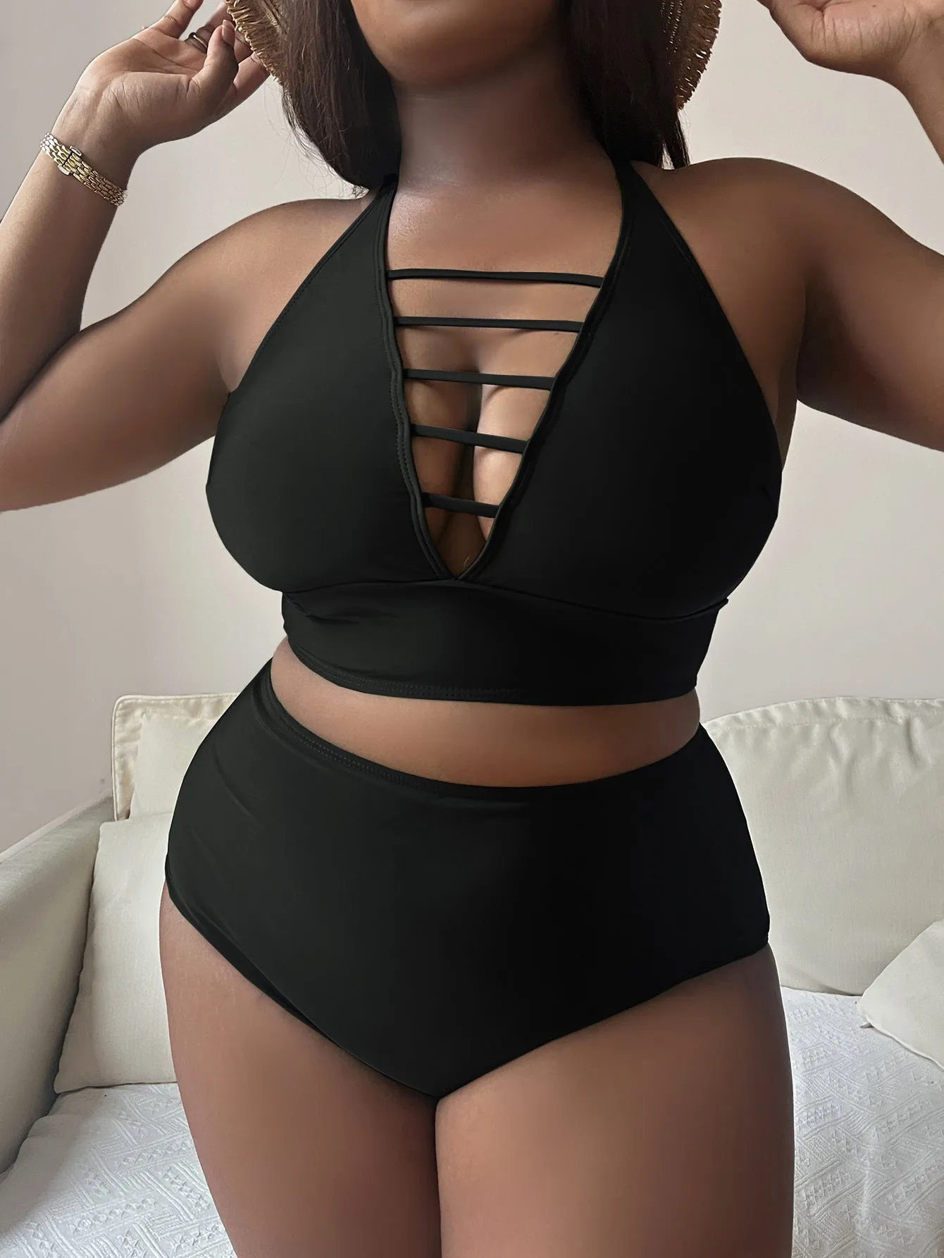 Plus size women's halter bikini set with adjustable cross straps and high waist briefs