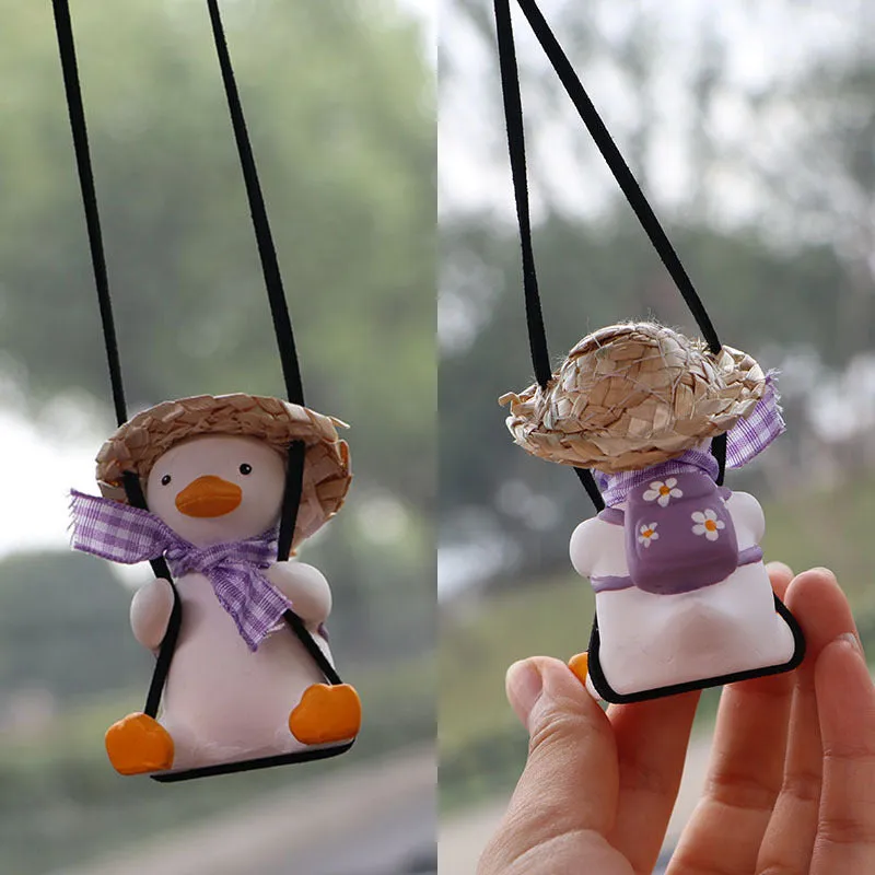 Colourful straw hat duck car hanging ornament on rearview mirror with textile hat