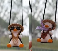 Colourful straw hat duck car hanging ornament on rearview mirror with textile hat