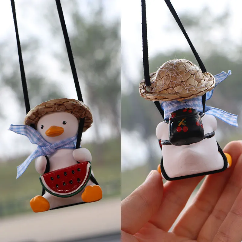 Colourful straw hat duck car hanging ornament on rearview mirror with textile hat