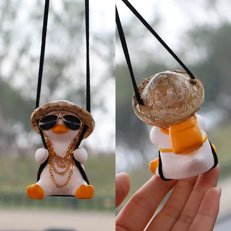 Colourful straw hat duck car hanging ornament on rearview mirror with textile hat