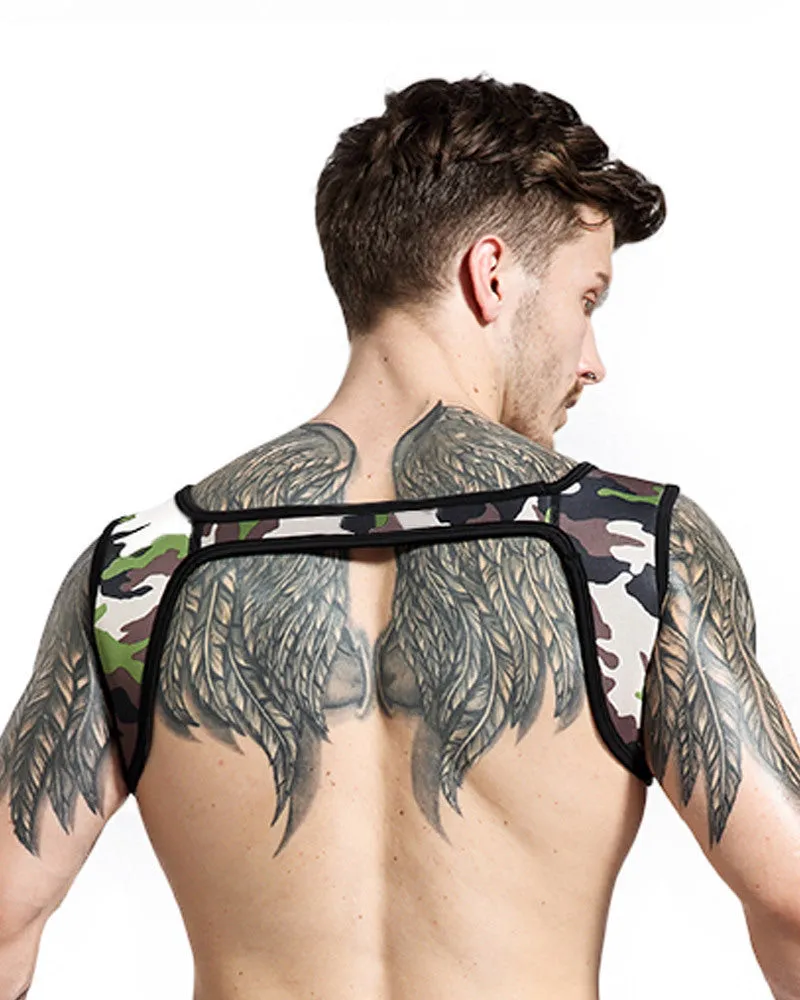 Men's neoprene sports shoulder strap in black, blue, camouflage, fluorescent green, red, and white on a white background