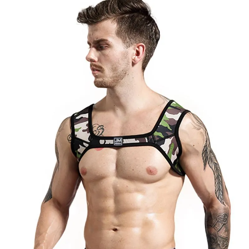 Men's neoprene sports shoulder strap in black, blue, camouflage, fluorescent green, red, and white on a white background