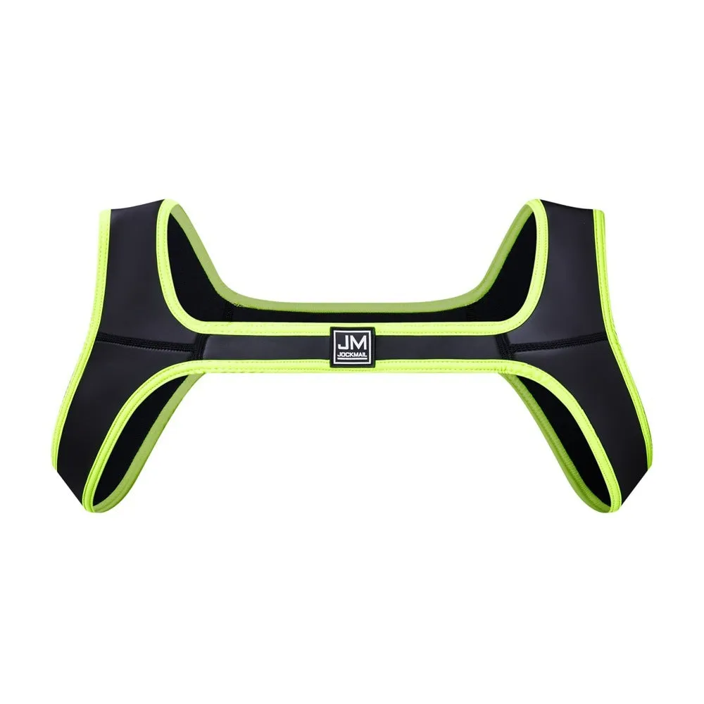 Men's neoprene sports shoulder strap in black, blue, camouflage, fluorescent green, red, and white on a white background