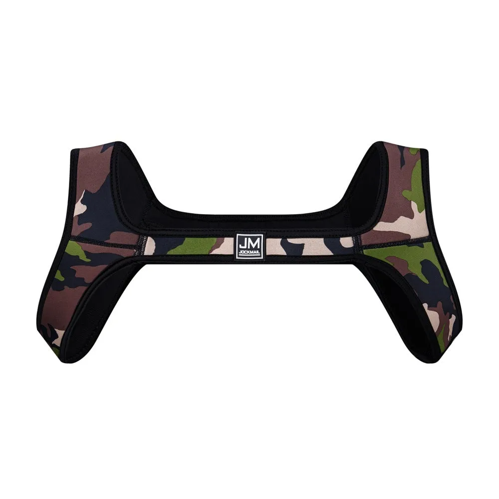Men's neoprene sports shoulder strap in black, blue, camouflage, fluorescent green, red, and white on a white background