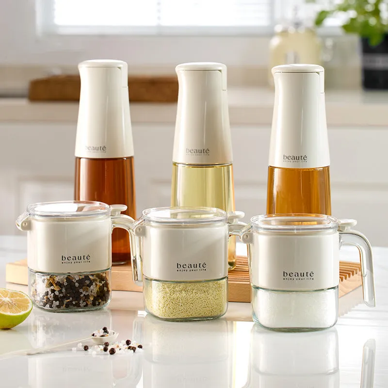 Light luxury pressed sealed glass seasoning can in warm white gray, 9x13.6x10.5cm