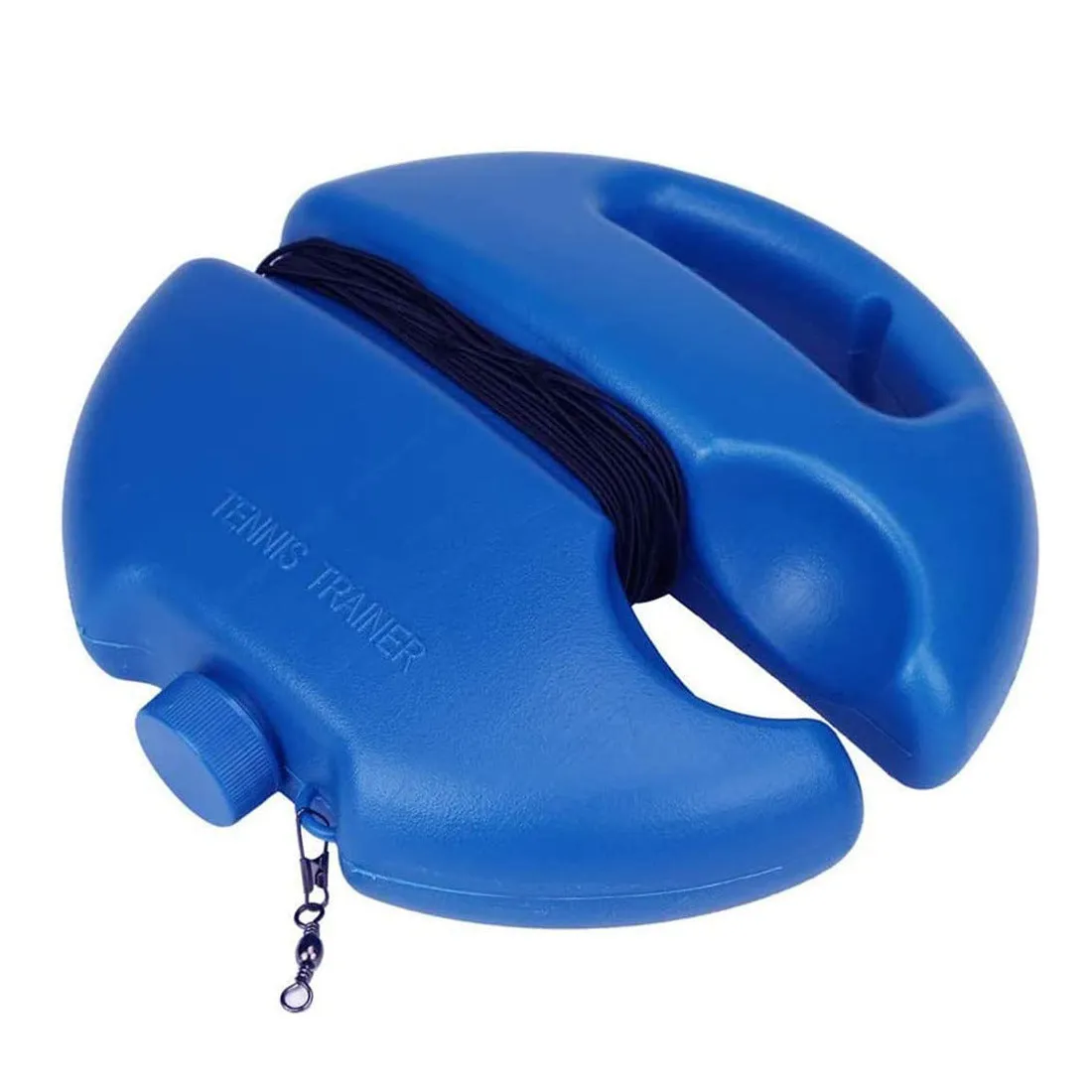 Blue chemical fibre tennis trainer with line on a flat surface