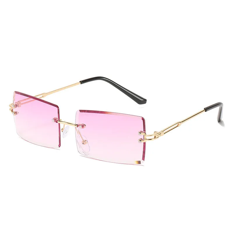 Fashion rimless cut edge square sunglasses with PC lens and plastic metal frame in gold grey colour option