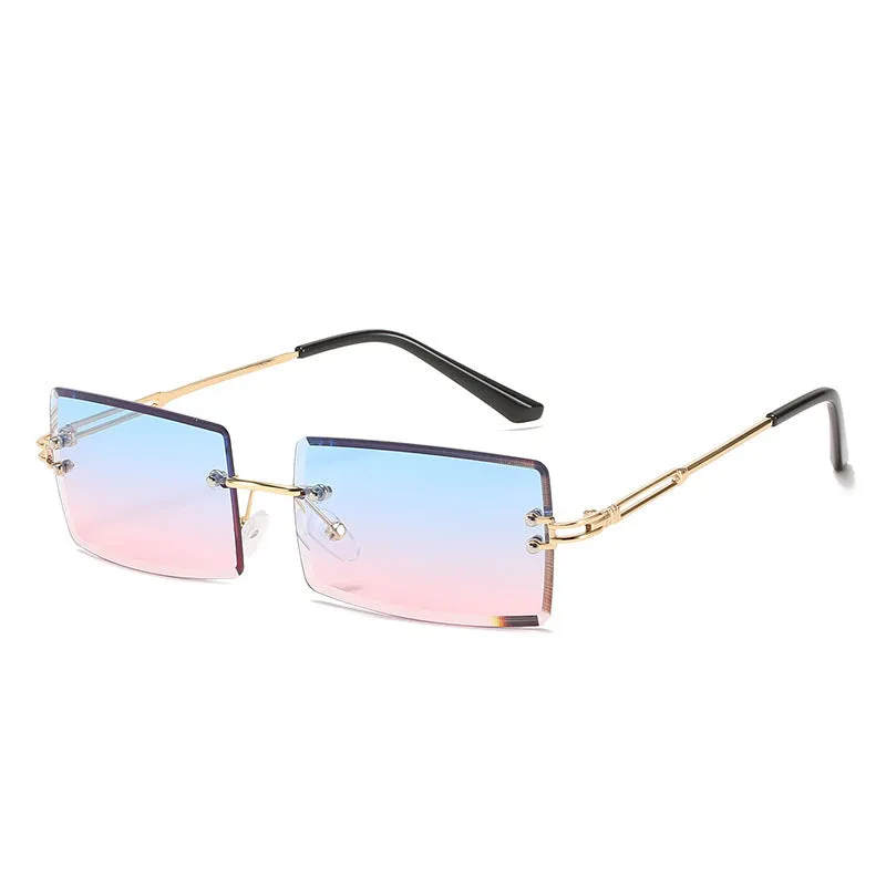 Fashion rimless cut edge square sunglasses with PC lens and plastic metal frame in gold grey colour option