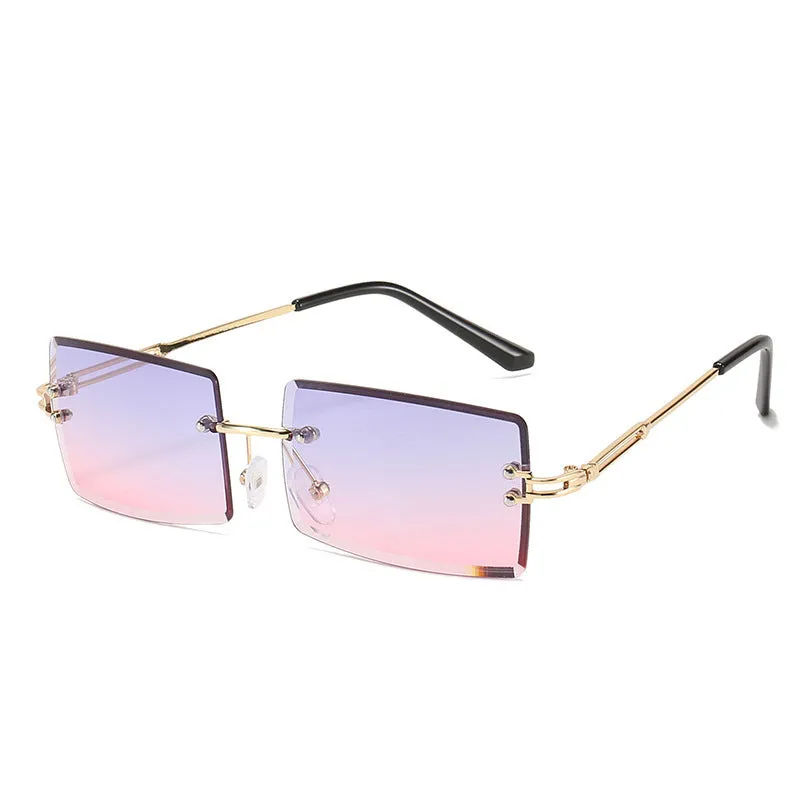 Fashion rimless cut edge square sunglasses with PC lens and plastic metal frame in gold grey colour option