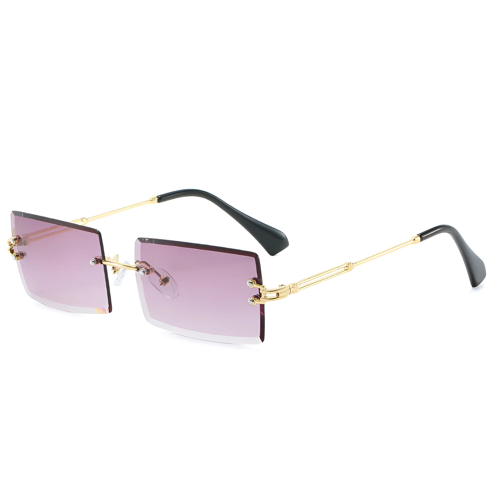 Fashion rimless cut edge square sunglasses with PC lens and plastic metal frame in gold grey colour option