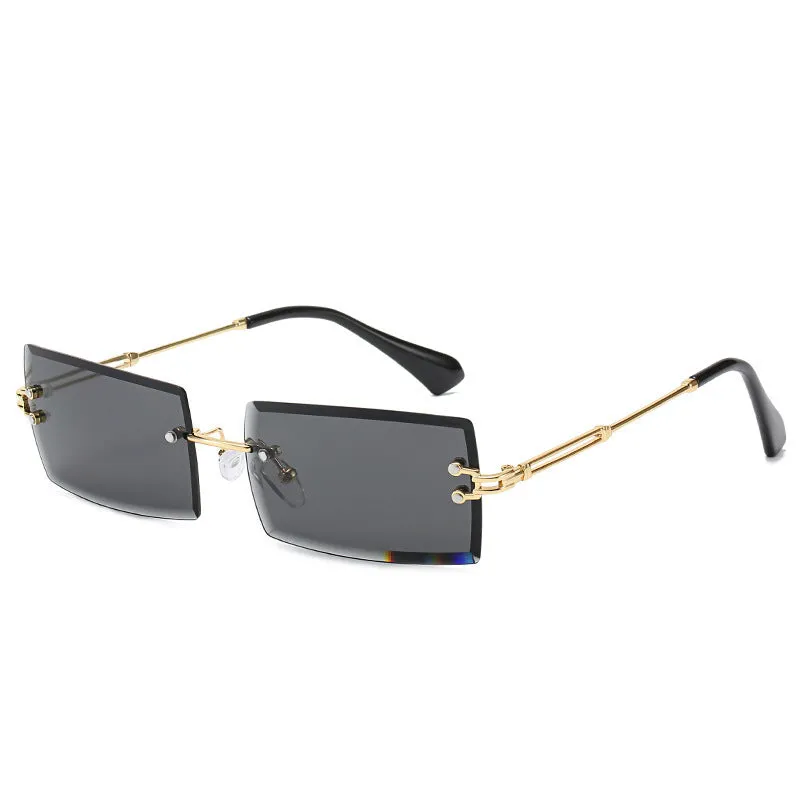 Fashion rimless cut edge square sunglasses with PC lens and plastic metal frame in gold grey colour option