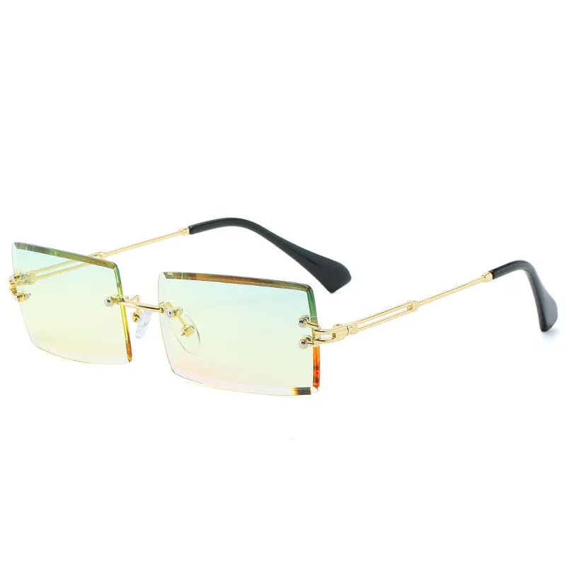Fashion rimless cut edge square sunglasses with PC lens and plastic metal frame in gold grey colour option