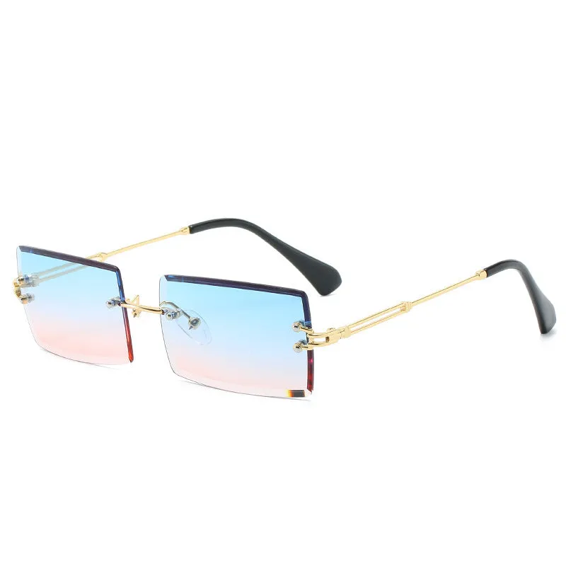 Fashion rimless cut edge square sunglasses with PC lens and plastic metal frame in gold grey colour option