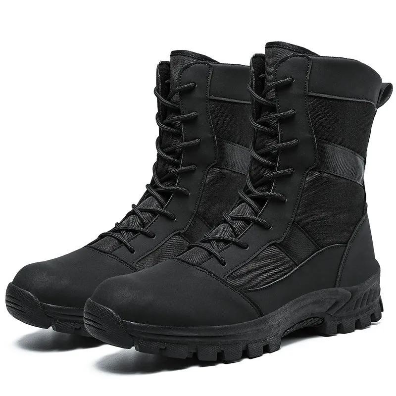 Men's black and camouflage mesh high-top Martin boots with totem pattern detail, shown in sizes 39 to 46.