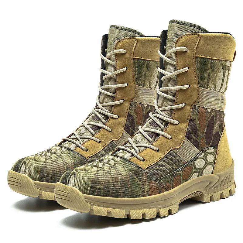 Men's black and camouflage mesh high-top Martin boots with totem pattern detail, shown in sizes 39 to 46.