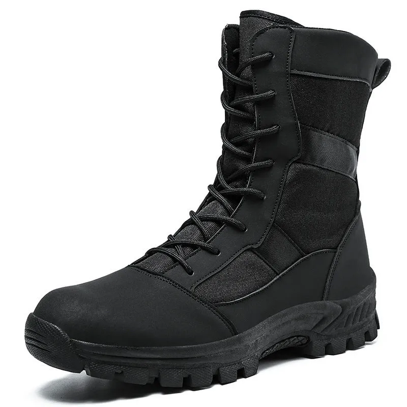 Men's black and camouflage mesh high-top Martin boots with totem pattern detail, shown in sizes 39 to 46.