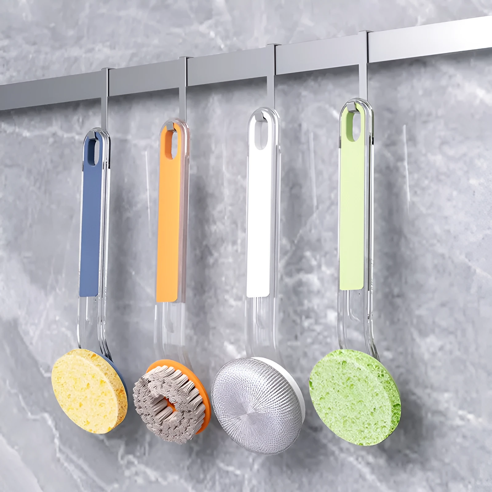 Long handle multi functional frying wok brush in blue with plastic cleaning ball head