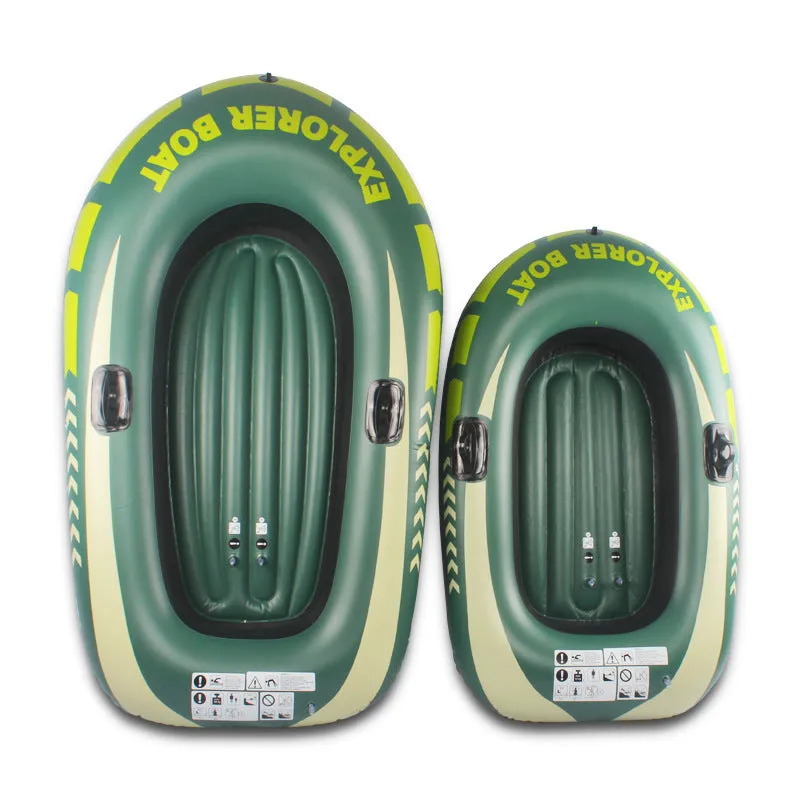 Small green PVC inflatable boat for fishing and rafting, 2-person capacity, 100kg load, multiple air chambers