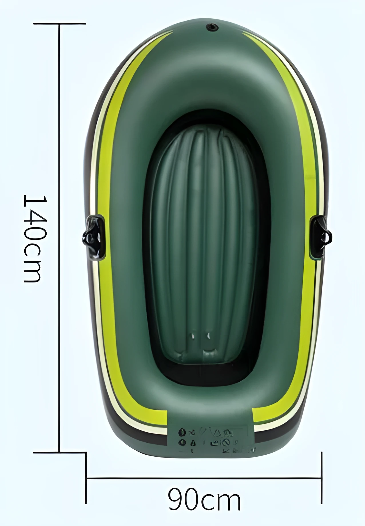 Small green PVC inflatable boat for fishing and rafting, 2-person capacity, 100kg load, multiple air chambers