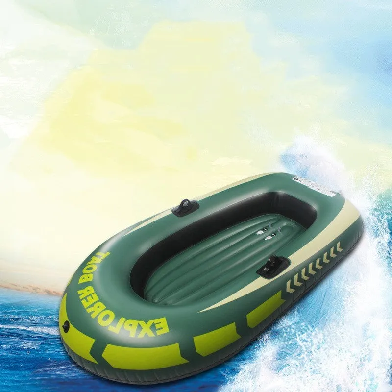 Small green PVC inflatable boat for fishing and rafting, 2-person capacity, 100kg load, multiple air chambers