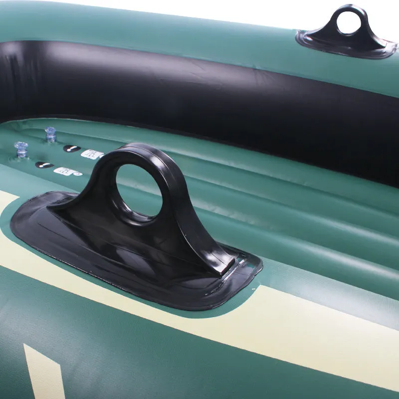 Small green PVC inflatable boat for fishing and rafting, 2-person capacity, 100kg load, multiple air chambers