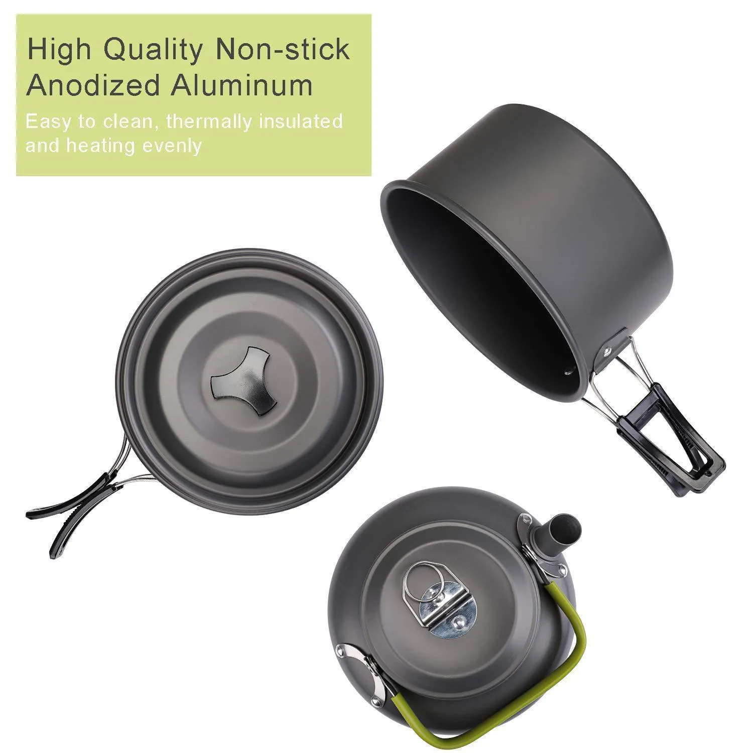 Hard aluminium camping mess kit with teapot, frying pan, boiling pot and cutlery in black colour