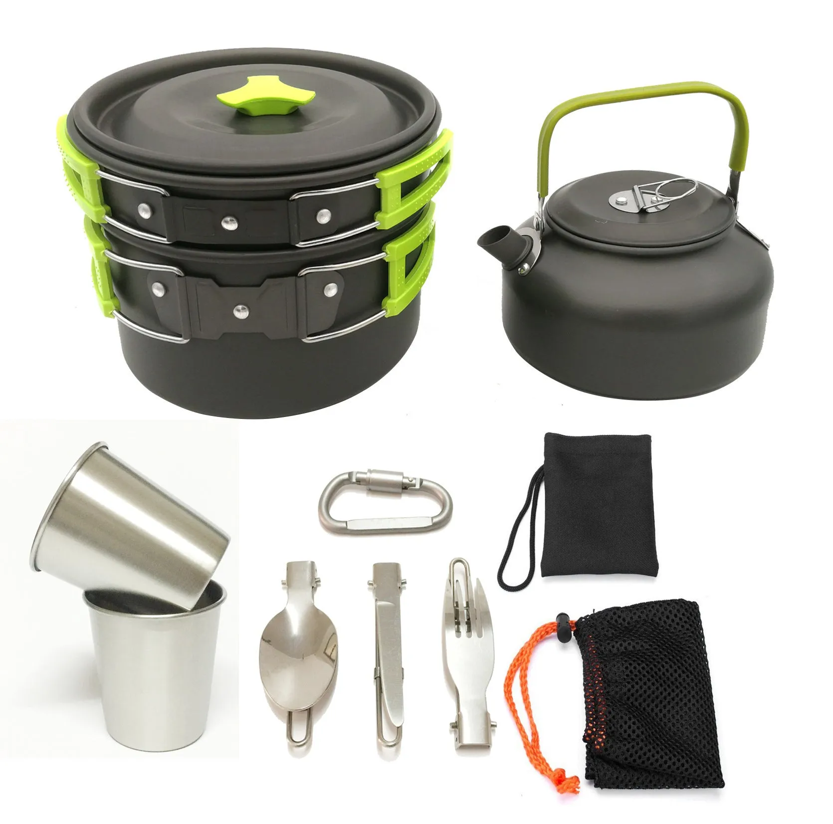 Hard aluminium camping mess kit with teapot, frying pan, boiling pot and cutlery in black colour