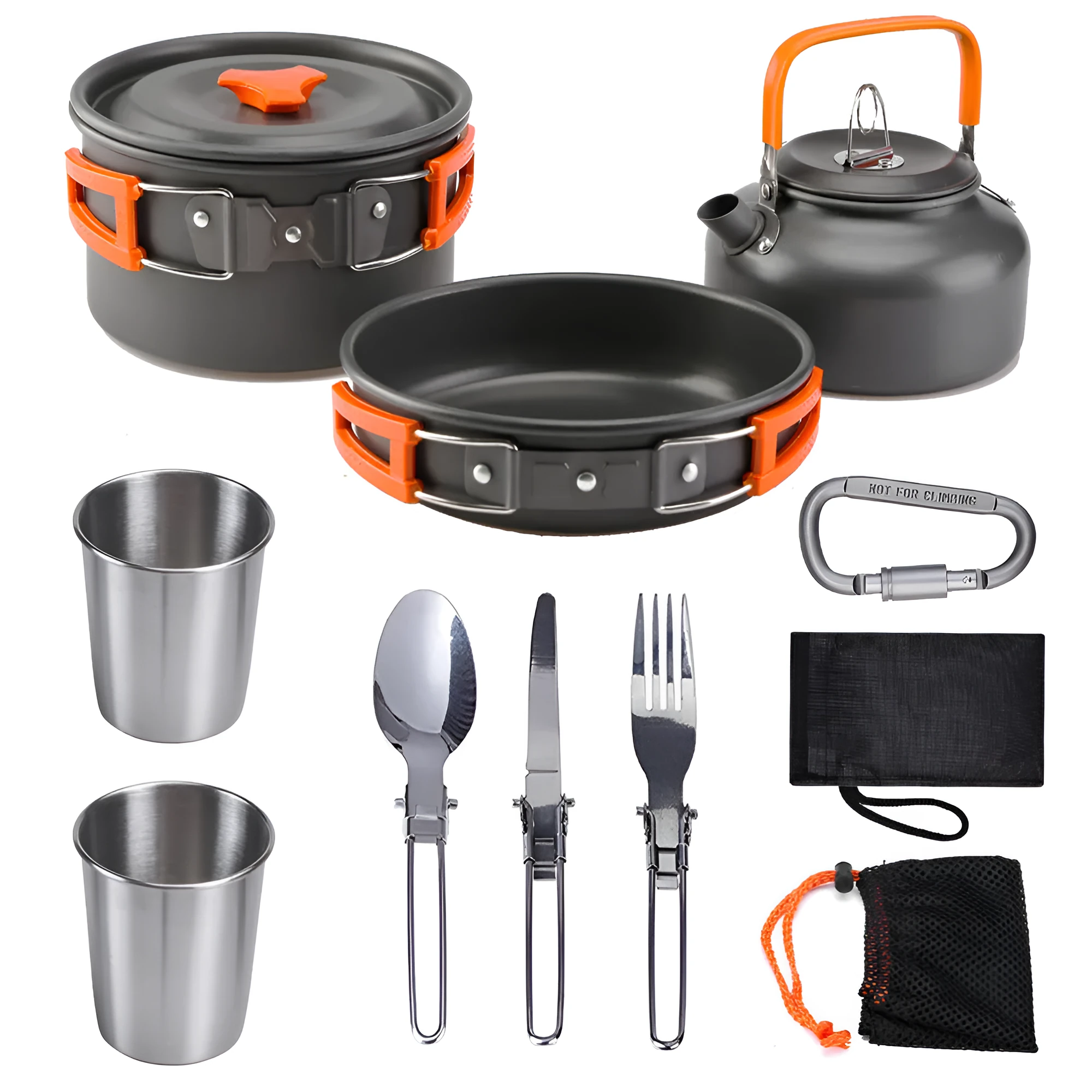 Hard aluminium camping mess kit with teapot, frying pan, boiling pot and cutlery in black colour