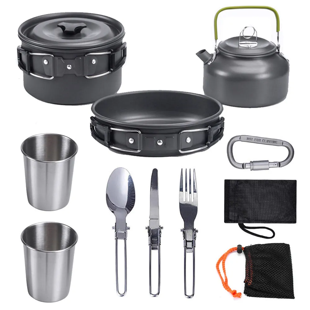 Hard aluminium camping mess kit with teapot, frying pan, boiling pot and cutlery in black colour