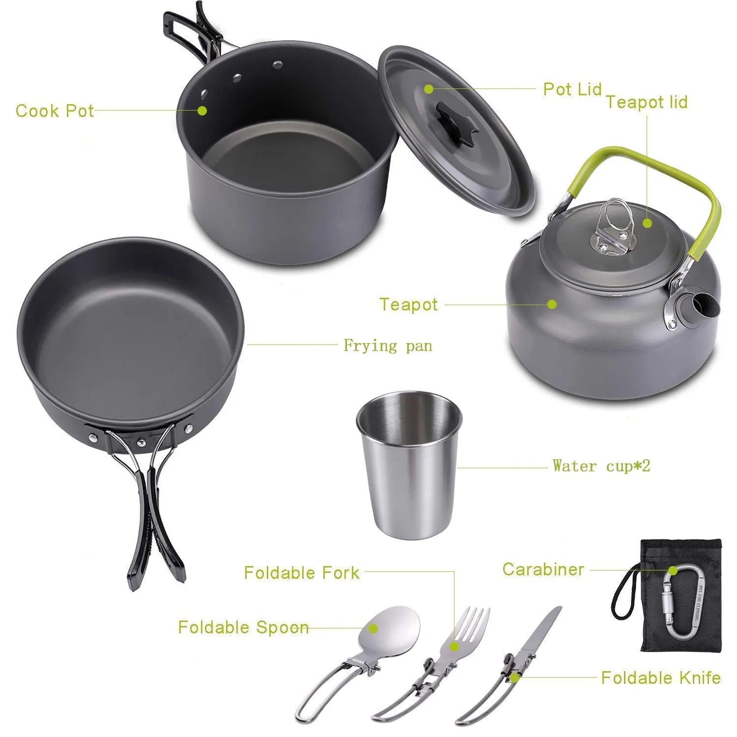 Hard aluminium camping mess kit with teapot, frying pan, boiling pot and cutlery in black colour