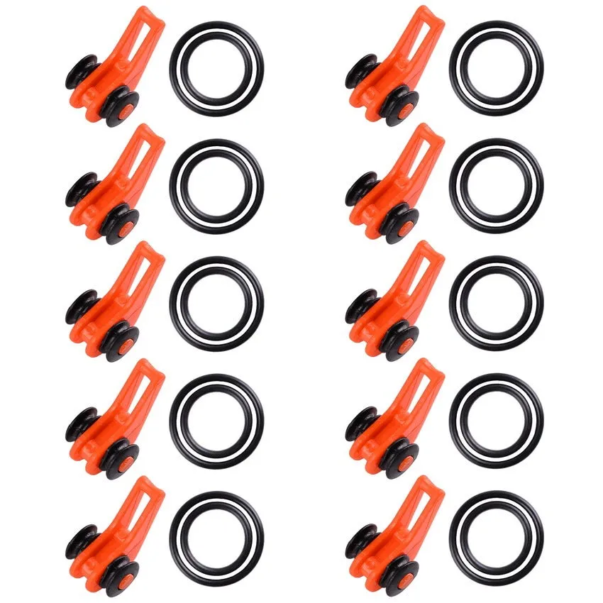 Pack of 10 plastic lure bait hangers in orange, green, blue, and other colours for fishing tackle organisation