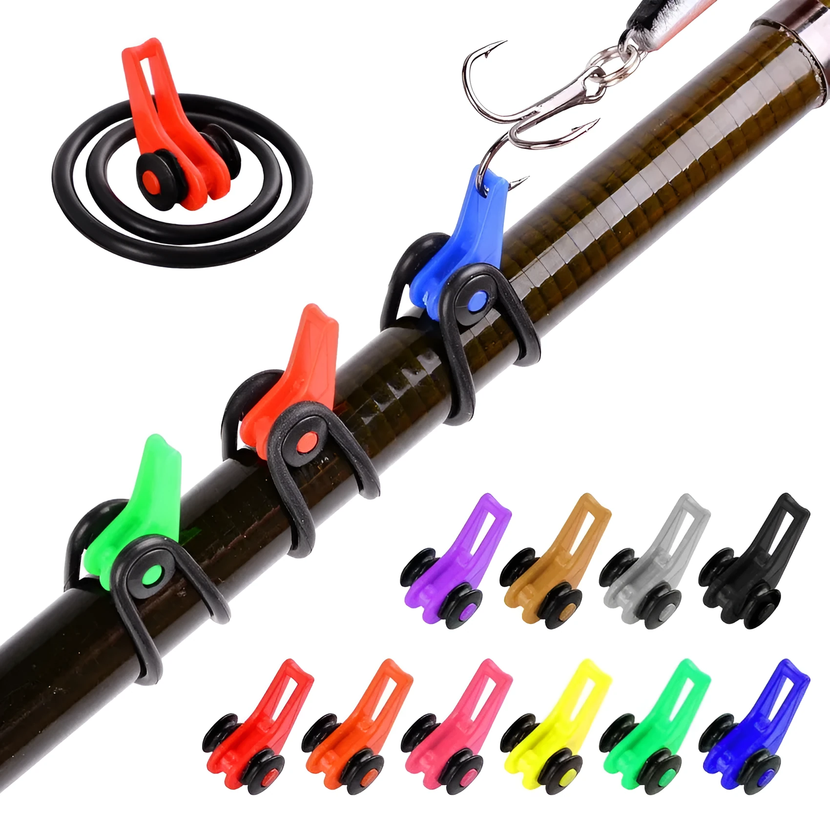 Pack of 10 plastic lure bait hangers in orange, green, blue, and other colours for fishing tackle organisation